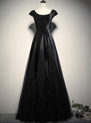 Elegant Black Velvet Cap Sleeves Evening Dress Outfits For Girls, Black Prom Dress