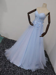 Elegant Blue Tulle Sweetheart Party Dress Outfits For Women Formal Dress Outfits For Girls, Blue Lace Applique Prom Dress Outfits For Women 2022