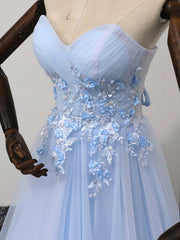 Elegant Blue Tulle Sweetheart Party Dress Outfits For Women Formal Dress Outfits For Girls, Blue Lace Applique Prom Dress Outfits For Women 2022