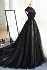 Elegant High Neck Swee Train Rhinestone Prom Dress Outfits For Girls, Black Formal Dress