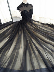 Elegant High Neck Swee Train Rhinestone Prom Dress Outfits For Girls, Black Formal Dress