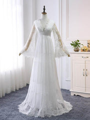 Elegant Long A-line V-Neck Tulle Lace Wedding Dresses For Black girls with Sleeves