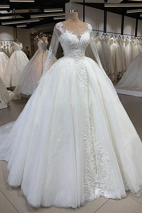 Elegant Long Ball Gown Sweetheart Tulle Wedding Dress Outfits For Women with Sleeves