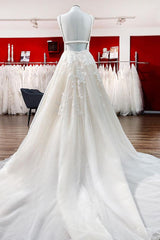 Elegant Long Princess V-neck Tulle Backless Wedding Dress Outfits For Women with Lace