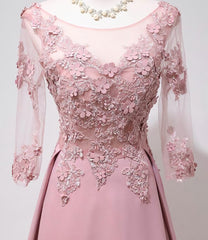 Elegant Pink Long Sleeves Lace Applique Long Party Dress Outfits For Girls, Pink Prom Dress
