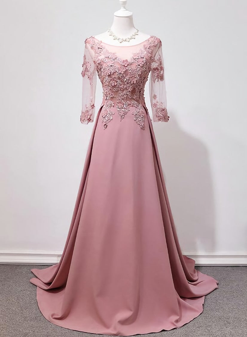 Elegant Pink Long Sleeves Lace Applique Long Party Dress Outfits For Girls, Pink Prom Dress