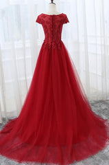 Elegant Red Tulle Long Prom Dress Outfits For Women with Lace Applique, Red Party Gowns