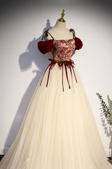 Elegant Tulle Embroidery Long Evening Dress Outfits For Girls, Off the Shoulder Party Dress