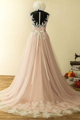 Elegant Tulle Lace Long Prom Dress Outfits For Girls, A-Line Scoop Neckline Evening Dress
