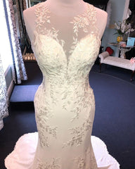 Exquisite Jewel Sleeveless Wedding Dress Outfits For Women Sheath Tulle Lace Open Back Bridal Gown