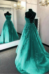 Fashion Green Lace Appliques Open Back Tulle Long Prom Dresses, Green Lace Formal Dresses, Green Evening Dresses