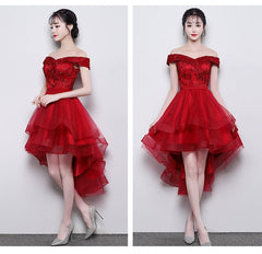 Fashionable High Low Party Dress Outfits For Girls, Red Off Shoulder Homecoming Dress