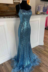 Long Sequined Blue Straps Prom Dress Outfits For Women with Feather Hem