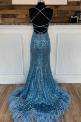 Long Sequined Blue Straps Prom Dress Outfits For Women with Feather Hem