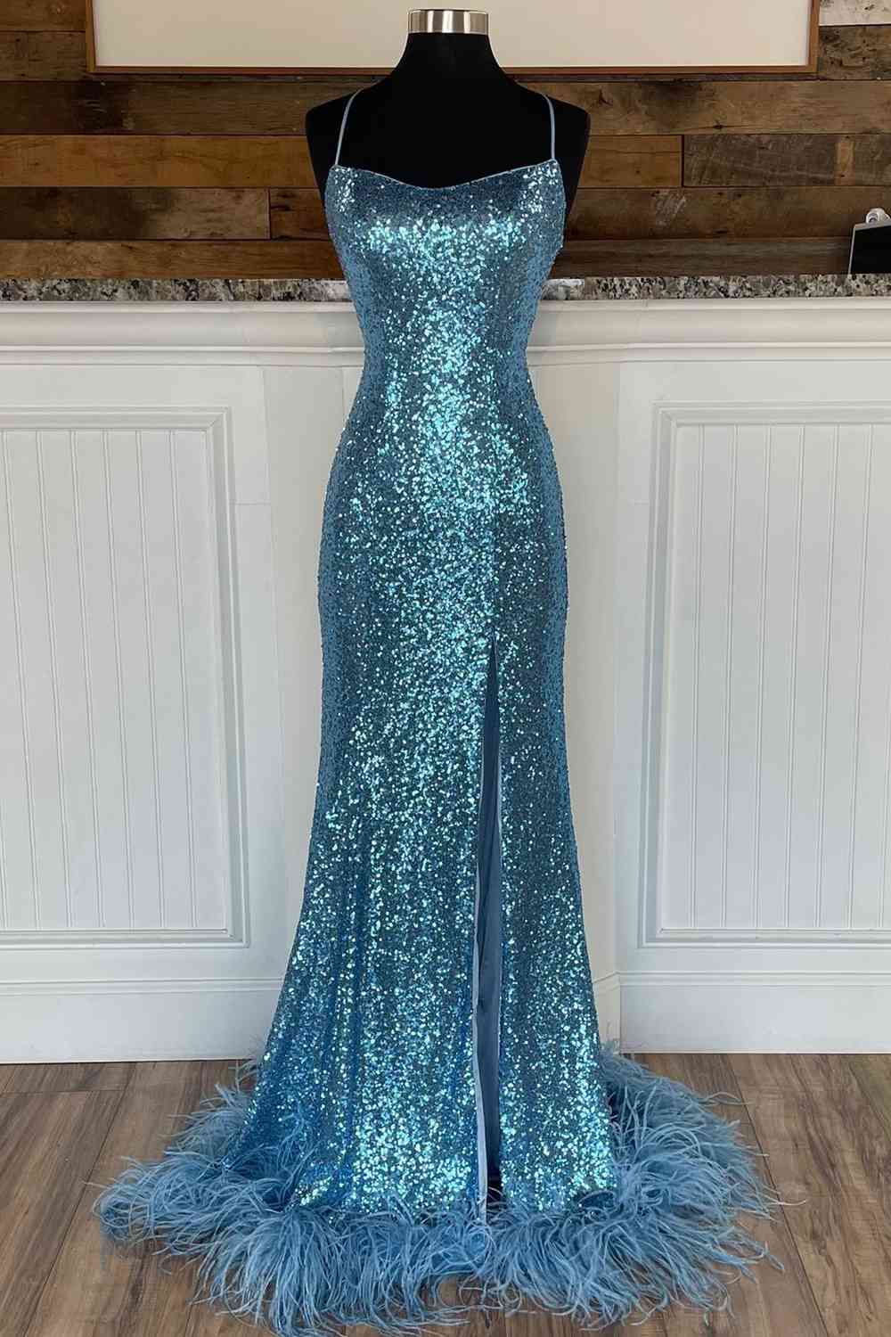 Long Sequined Blue Straps Prom Dress Outfits For Women with Feather Hem