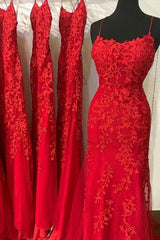 Red Lace Prom Dresses, Mermaid Long Prom Dresses, Evening Party Dresses, For Women