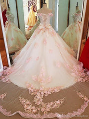 Glam Pink Flowers Tulle Off Shoulder Sweet 16 Dress Outfits For Girls, Ball Gown Formal Dress