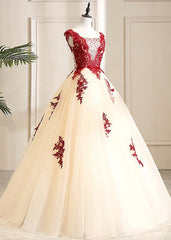 Gorgeous Champagne Tulle Long Sweet 16 Dress Outfits For Women with Red Lace, Formal Gown