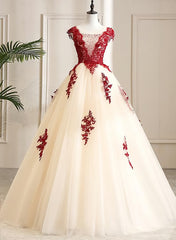 Gorgeous Champagne Tulle Long Sweet 16 Dress Outfits For Women with Red Lace, Formal Gown