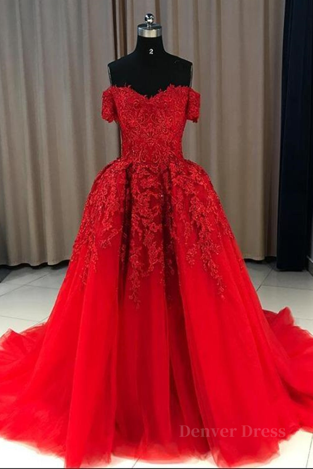 Gorgeous Off Shoulder Red Lace Long Prom Dresses, Red Lace Formal Evening Dresses, Red Ball Gown