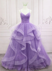 Gorgeous Purple Straps Layers Tulle V-neckline Long Evening Dress Outfits For Girls, Light Purple Prom Dresses