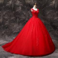 Gorgeous Red Tulle Ball Gown Long Formal Dress Outfits For Women with Lace Flowers, Red Sweet 16 Dresses