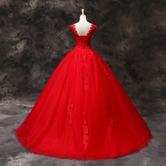 Gorgeous Red Tulle Ball Gown Long Formal Dress Outfits For Women with Lace Flowers, Red Sweet 16 Dresses