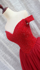 Gorgeous Sparkle Beaded Off Shoulder Red Formal Dress Outfits For Girls, Red Homecoming Dresses