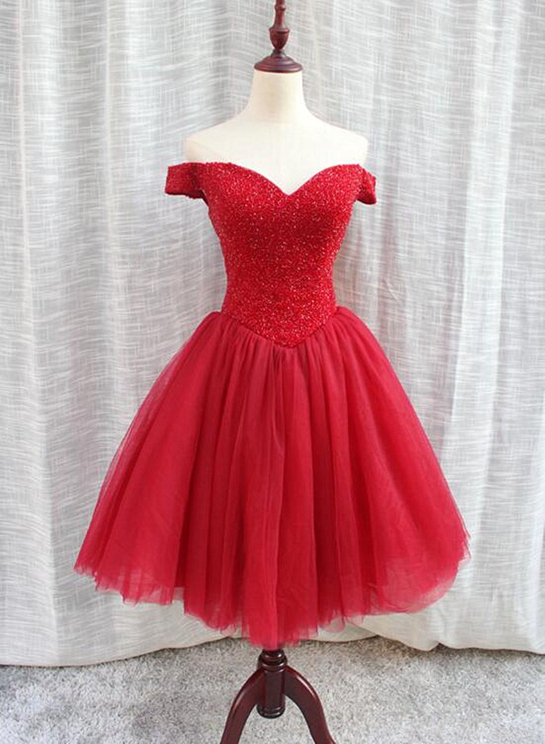 Gorgeous Sparkle Beaded Off Shoulder Red Formal Dress Outfits For Girls, Red Homecoming Dresses