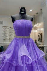 Gorgeous Strapless Layered Purple Tulle Long Prom Dresses with Belt, Purple Formal Evening Dresses, Purple Ball Gown