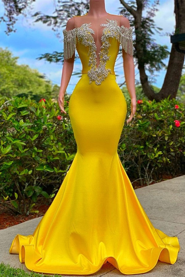 Gorgeous Yellow Long Mermaid Tassel Off the Shoulder Satin Backless Prom Dress Outfits For Women with Ruffles
