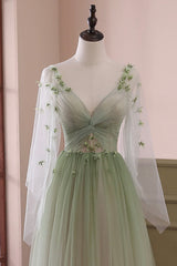 Gradient Tulle Green Long Sleeves Party Dress Outfits For Girls, Green Evening Formal Dresses