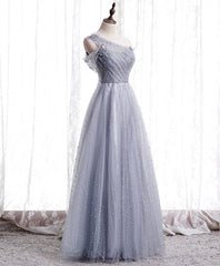 Gray Aline Long Prom Dress Outfits For Girls, One Shoulder Gray Formal Party Dresses