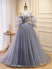 Gray Blue A-Line Tulle Lace Long Prom Dresses For Black girls For Women, Gray Blue Formal Graduation Dress