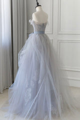 Gray Blue Lace Long Prom Dress Outfits For Girls, Strapless Evening Party Dress