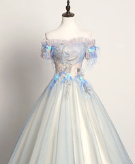 Gray Blue Sweetheart Lace Long Prom Dress Outfits For Girls, Gray Blue Tulle Evening Dress