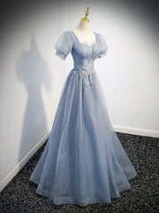 Gray Blue Tulle Long Prom Dress Outfits For Girls, Gray Blue Tulle Formal Evening Dresses