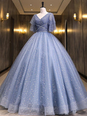 Gray Blue V Neck Tulle Long Prom Dress Outfits For Girls, Blue Long Sweet 16 Dresses