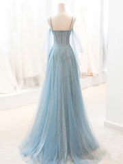 Gray Blue V Neck Tulle Sequin Long Prom Dress Outfits For Girls, Blue Evening Dress