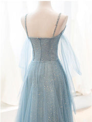 Gray Blue V Neck Tulle Sequin Long Prom Dress Outfits For Girls, Blue Evening Dress
