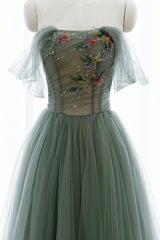 Gray Green Tulle Beaded Long Prom Dress Outfits For Girls, A-Line Evening Dress