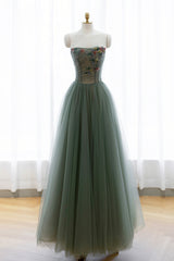 Gray Green Tulle Beaded Long Prom Dress Outfits For Girls, A-Line Evening Dress