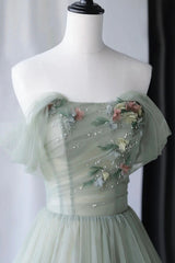 Gray Green Tulle Long Prom Dress Outfits For Girls, Lovely Off Shoulder A-Line Evening Dress