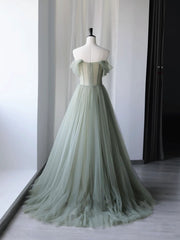 Gray Green Tulle Off Shoulder Long Prom Dress Outfits For Girls, Gray Green Formal Graduation Dresses