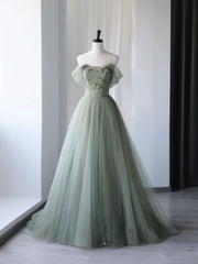 Gray Green Tulle Off Shoulder Long Prom Dress Outfits For Girls, Gray Green Formal Graduation Dresses