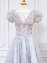 Gray Round Neck Tulle Lace Long Prom Dress Outfits For Girls, Gray Tulle Evening Dress