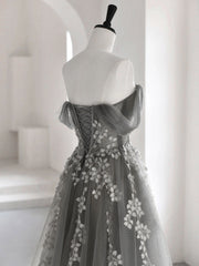 Gray Sweetheart Neck A line Lace Long Prom Dress Outfits For Girls, Gray Formal Dress