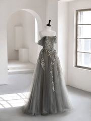 Gray Sweetheart Neck A line Lace Long Prom Dress Outfits For Girls, Gray Formal Dress