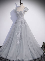 Gray Sweetheart Neck Tulle Lace Long Prom Dress Outfits For Girls, Gray Evening Dress