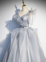 Gray Sweetheart Tulle Long Prom Dress Outfits For Girls, Gray Evening Dress